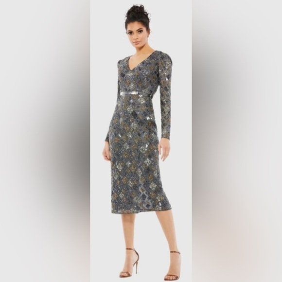 NWT Mac Duggal 5472 Long Sleeve Geometric Sequin Midi Dress sz 6 Charcoal/Gray
